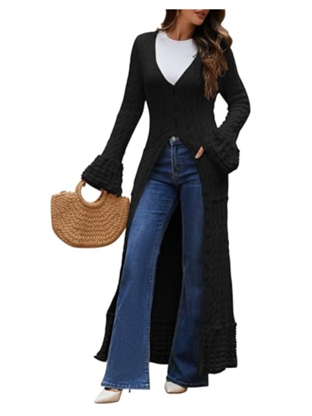 Chunky Cable Knit Maxi Cardigan Button Down Bell Sleeve Ruffle Thick Warm Fall